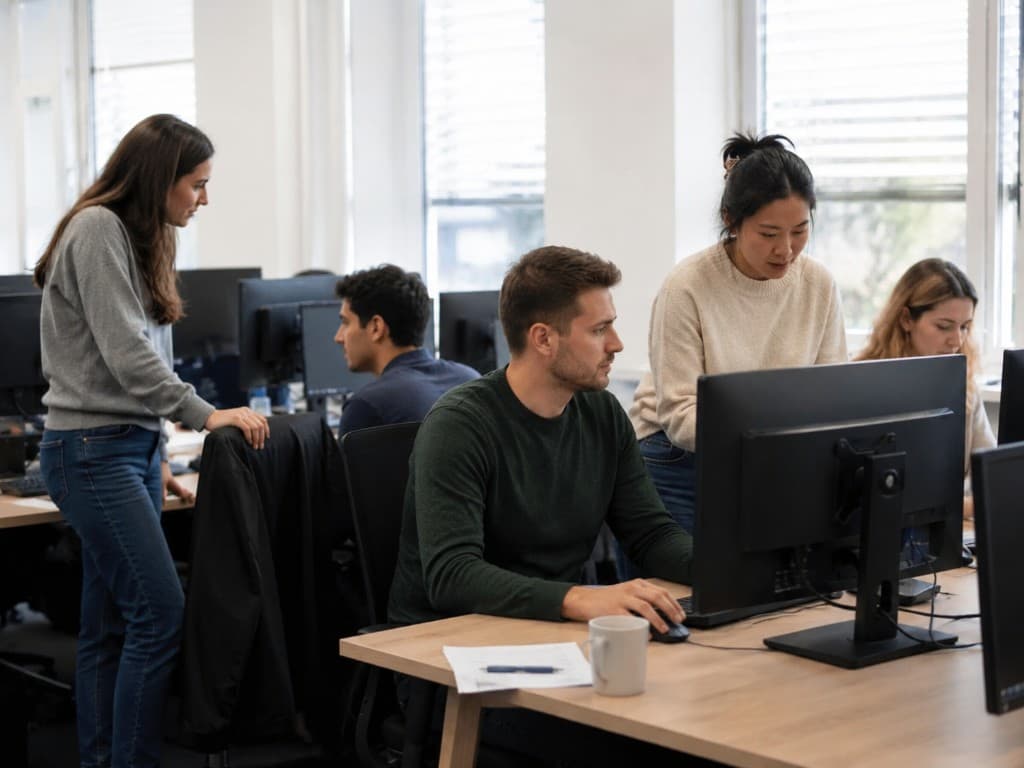 Oracle Square researchers reviewing online business models, market data, and working notes in the office